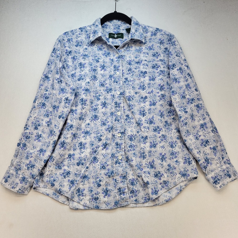 Hunt Club Button Down Shirt Womens M Blue Floral Plaid Long Sleeve Pocket Top